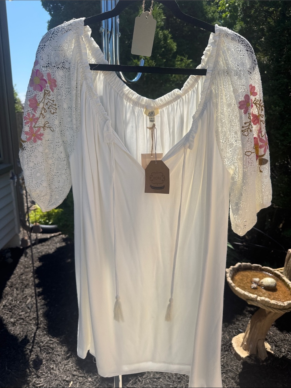 Kori White Mini Dress with Pink Floral Embroidered Lace Sleeves